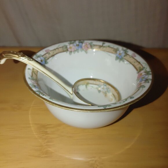 Nippon Beautiful Hand Painted Mayonnaise Sauce Dish With Spoon - Picture 9 of 16